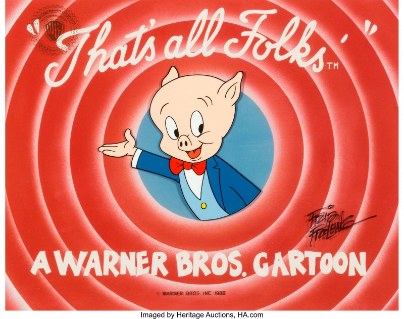 Een filmcel van Porky Pig die uit een cirkel lijkt te komen met de tekst "That's all folks".