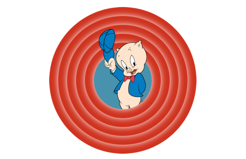Porky Pig komt nu uit de cirkel: Zijn benen zitten achter de cirkels, maar zijn hoofd er boven.